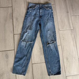 Zara Straight Leg Blue Distressed High Rise Jeans - Size 2